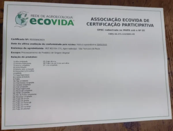 certificado orgânico frutas congeladas