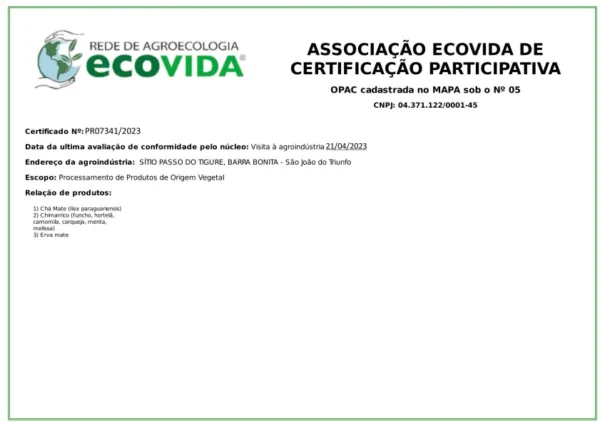 certificado orgânico mate 2023